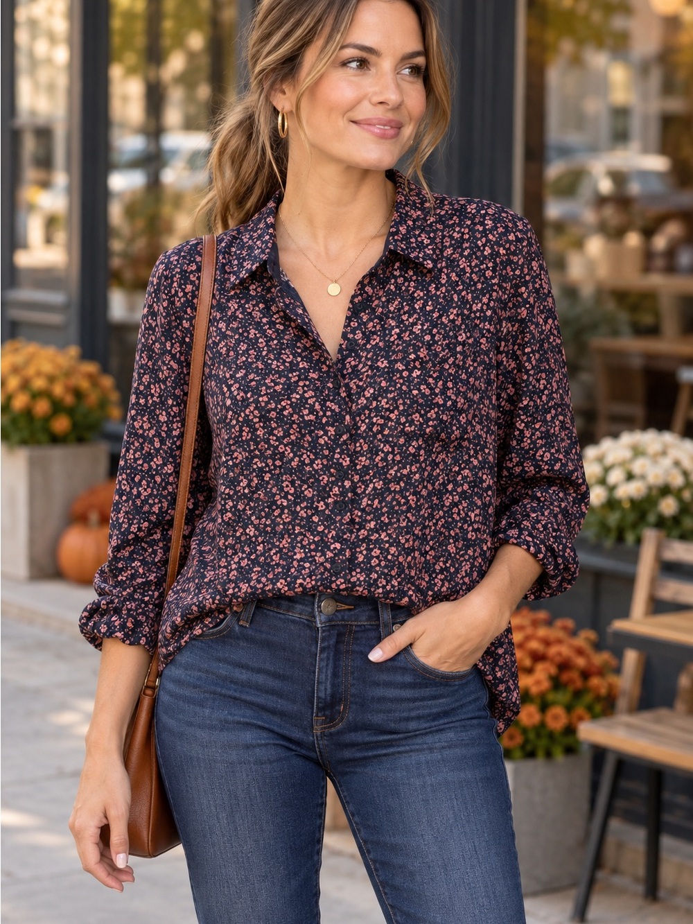 Market & Spruce XL Navy Pink Ditsy Floral Button Down Blouse 100% Rayon
